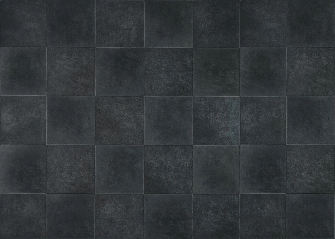 3D visualization of dark black tile flooring with matte finish arranged in a square grid pattern