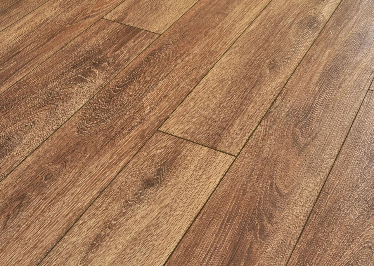 3D visualization of brown wooden plank flooring with natural grain texture in diagonal view
