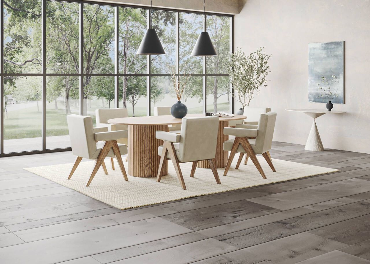 Dining room with beige chairs, round table and gray wood flooring 3D visualization