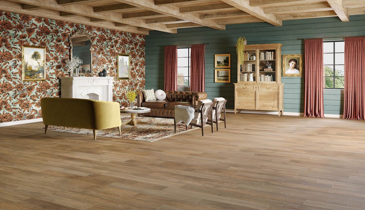 Living room with floral wallpaper, classic furniture and wood flooring 3D visualization