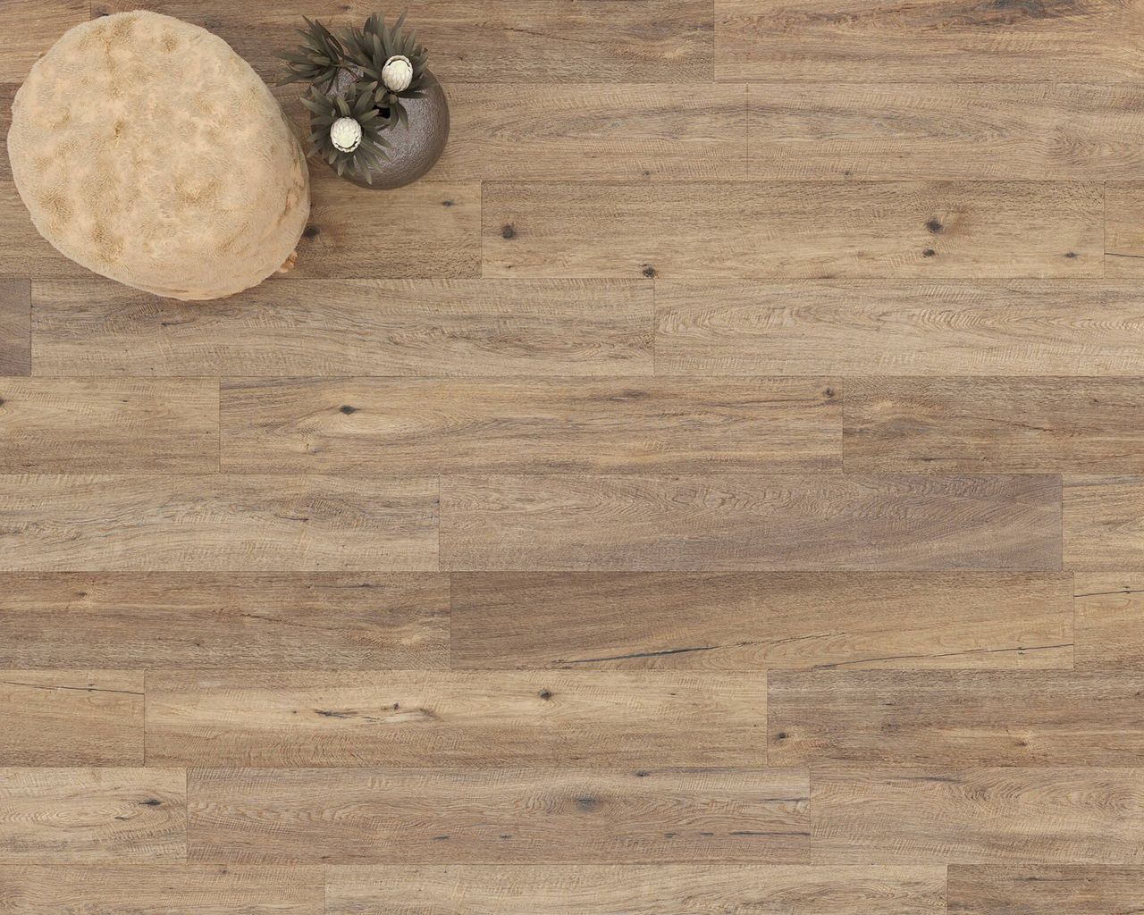 3D visualization of warm brown flooring with natural wood texture and round pouf in top view