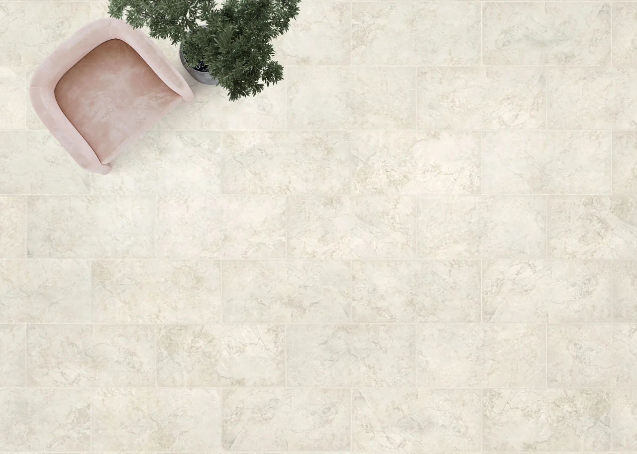 3D visualization of cream marble style flooring with pink chair and plant in top view