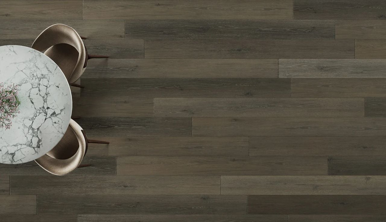 3D visualization of dark brown wooden flooring with marble dining table and chairs in top view