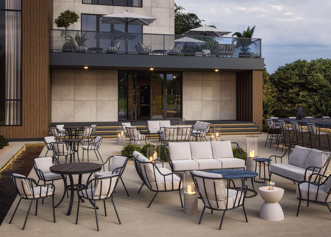 Realistic 3D rendering of an outdoor patio with trendy house fittings, showcasing 3D house fittings modeling and visualization.