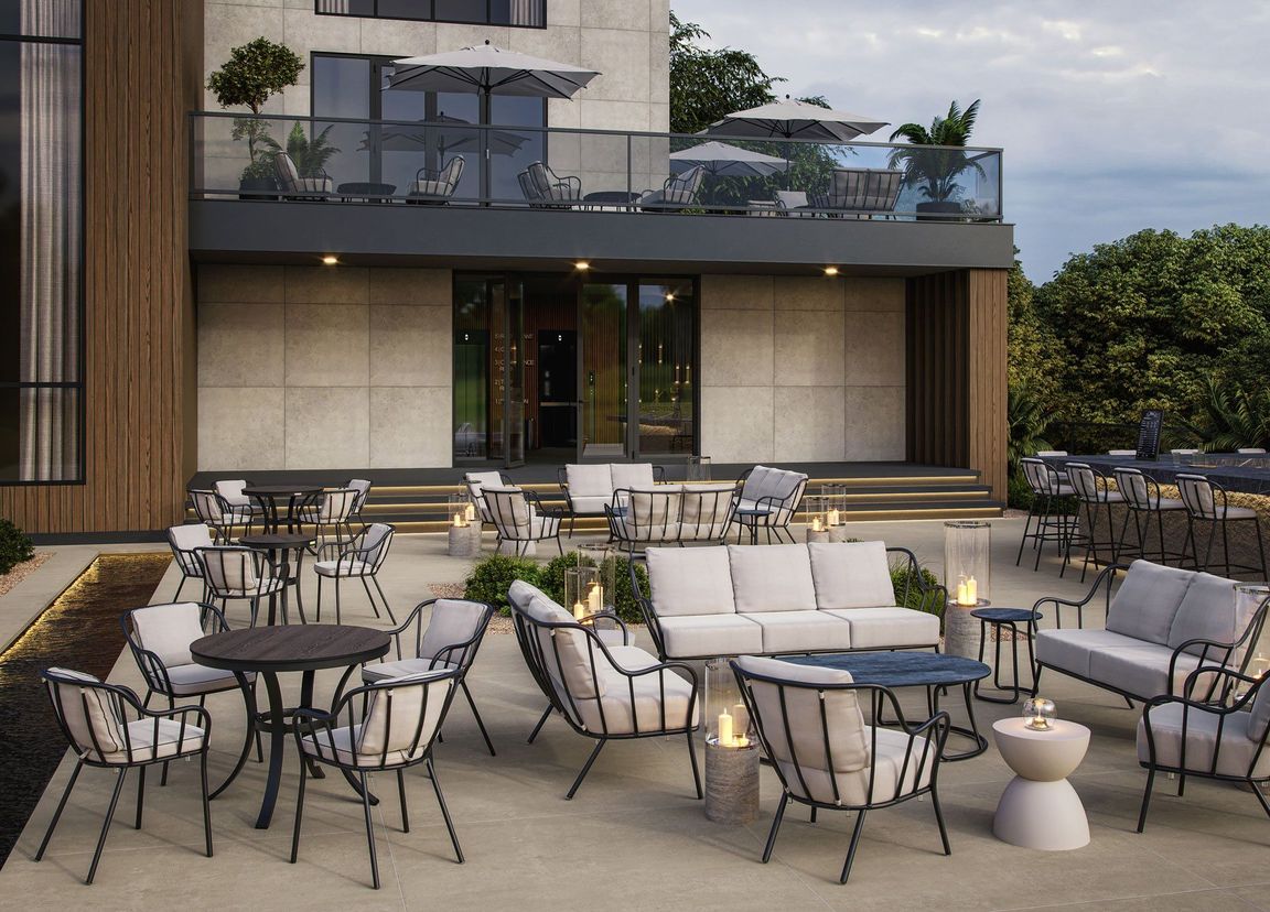 Realistic 3D rendering of an outdoor patio with trendy house fittings, showcasing 3D house fittings modeling and visualization.