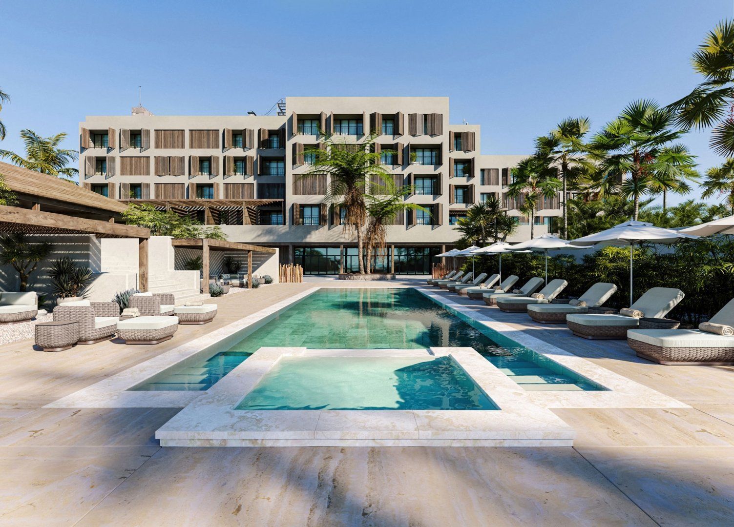 First-class 3D visualization of a luxury hotel pool area with realistic product rendering and photorealistic CGI.