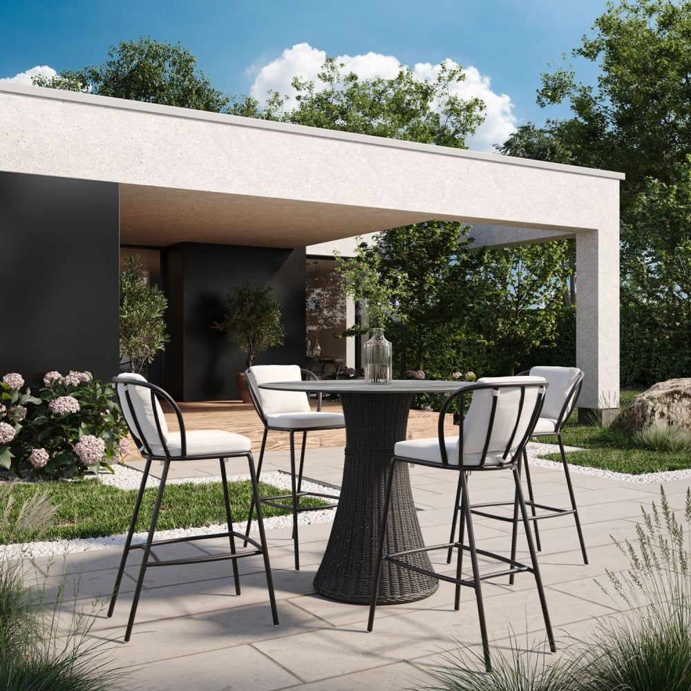 Realistic 3D rendering of a trendy outdoor patio set, showcasing realistic house fittings visualization and photorealistic CGI.