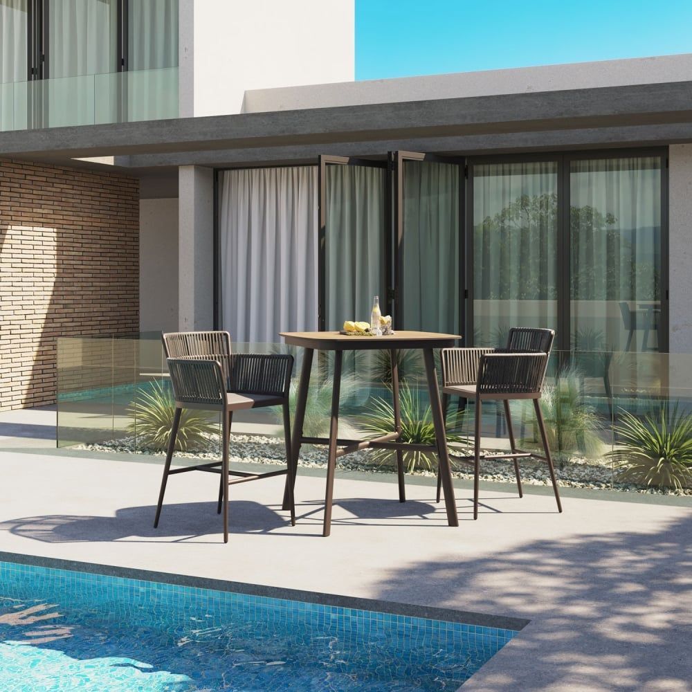 3D Visualization Of Modern Outdoor Dining Set With Woven Chairs By Swimming Pool Area