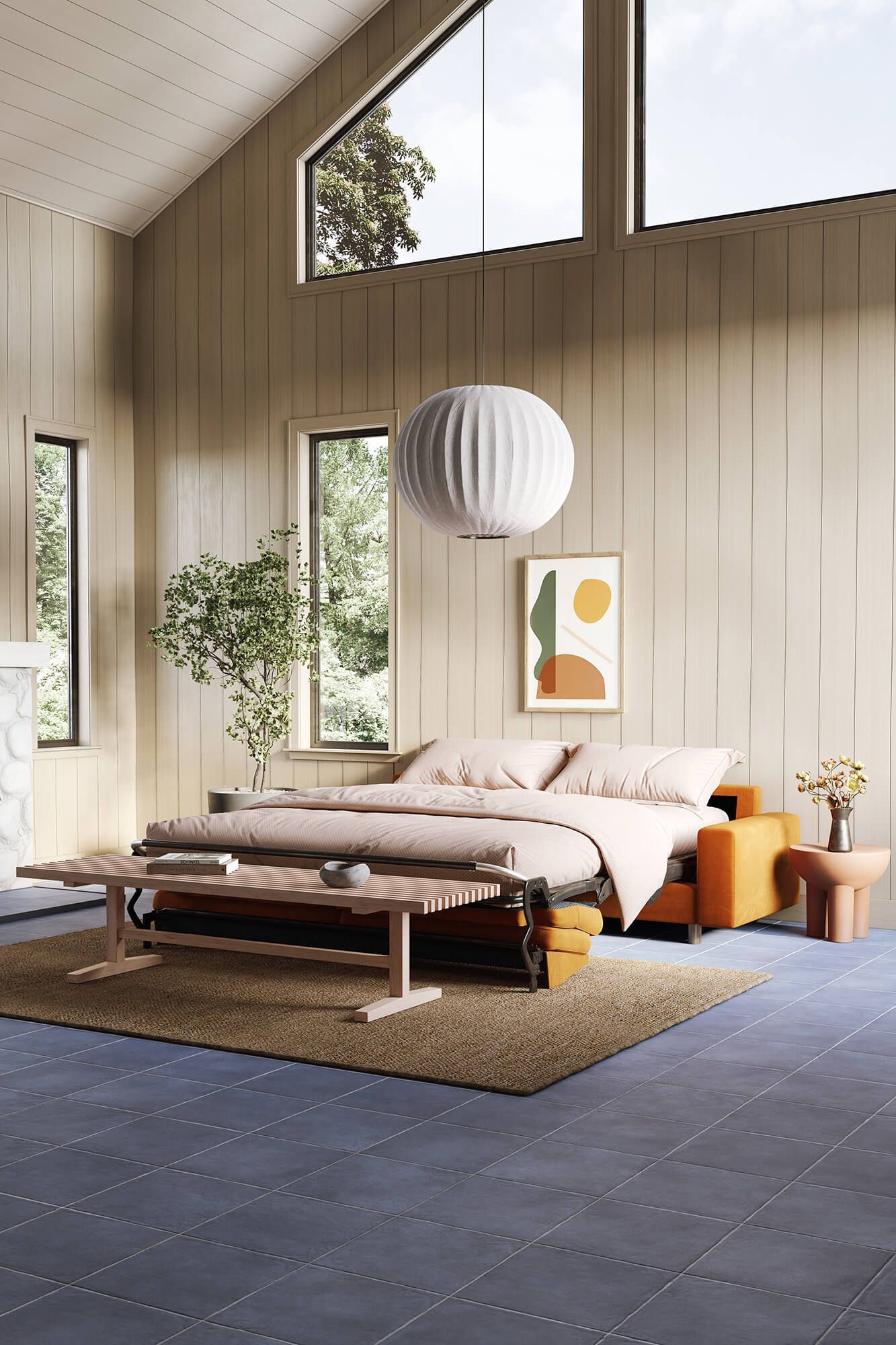 3D interior rendering showcasing a modern bedroom with realistic furniture visualization, including a bed, table, and decor elements.