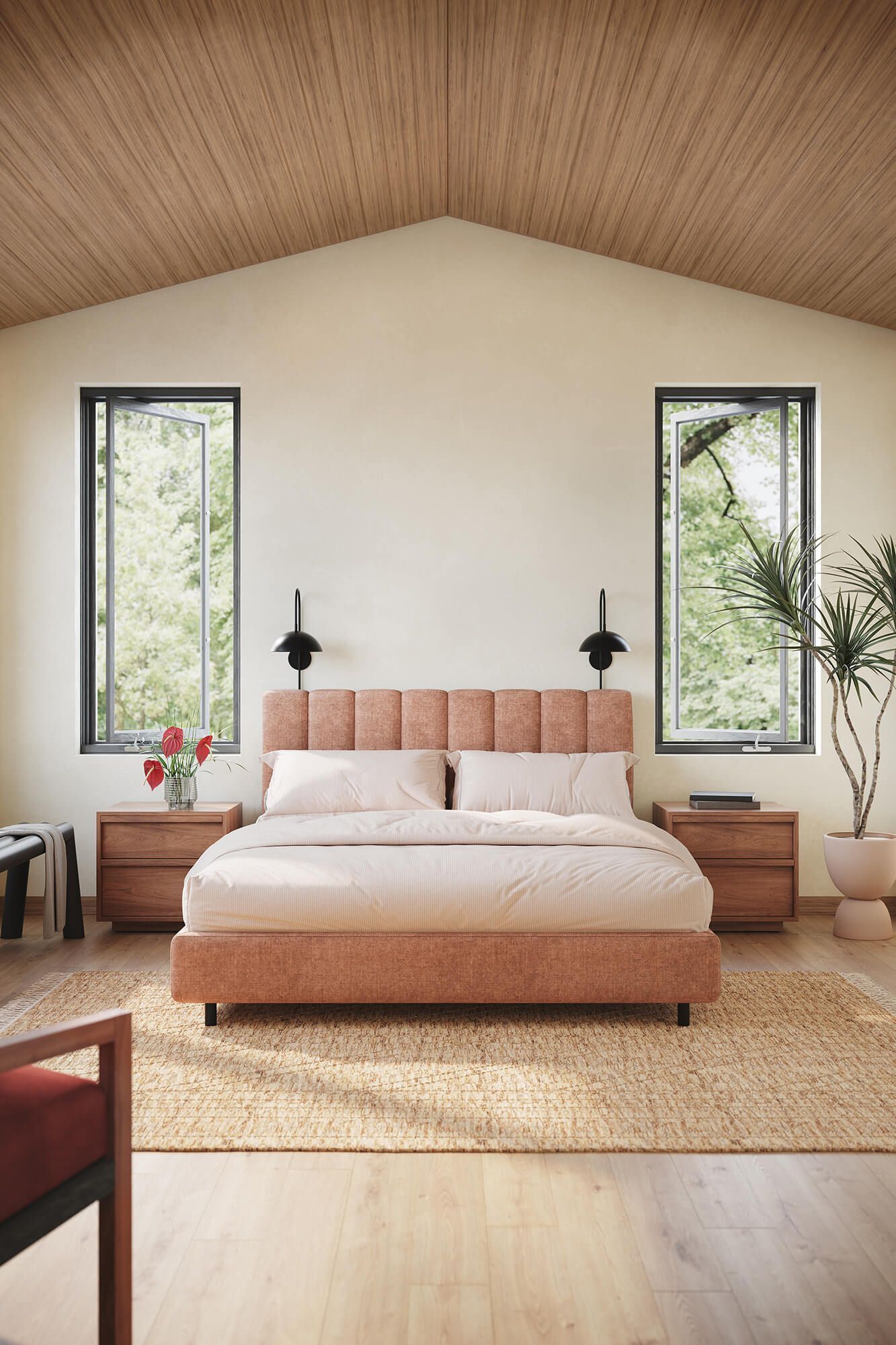 Realistic 3D rendering of a trendy bedroom showcasing bespoke house fittings and interior design, featuring realistic house fittings rendering and 3D lifestyle visualization.