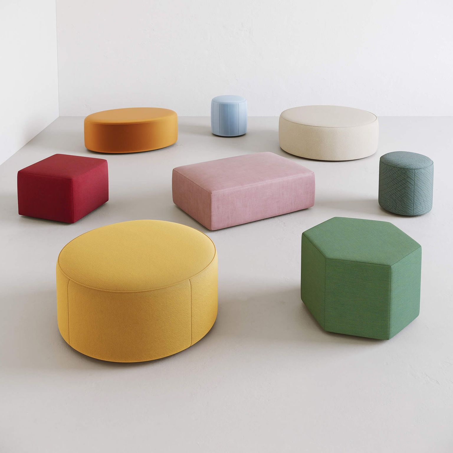 3D rendered image of colorful ottomans showcasing 3D house fittings modeling and visualization