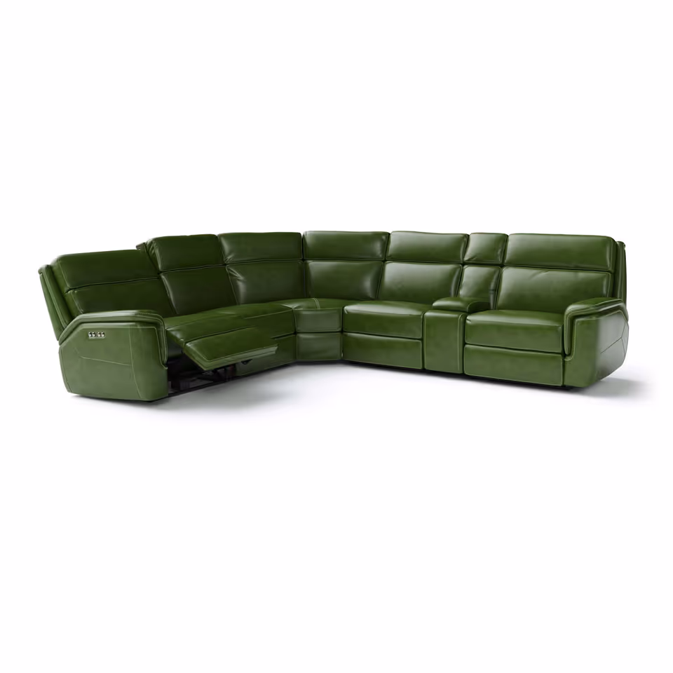 First-class 3D rendered image of a green leather sofa showcasing realistic product rendering and 3D product visualization