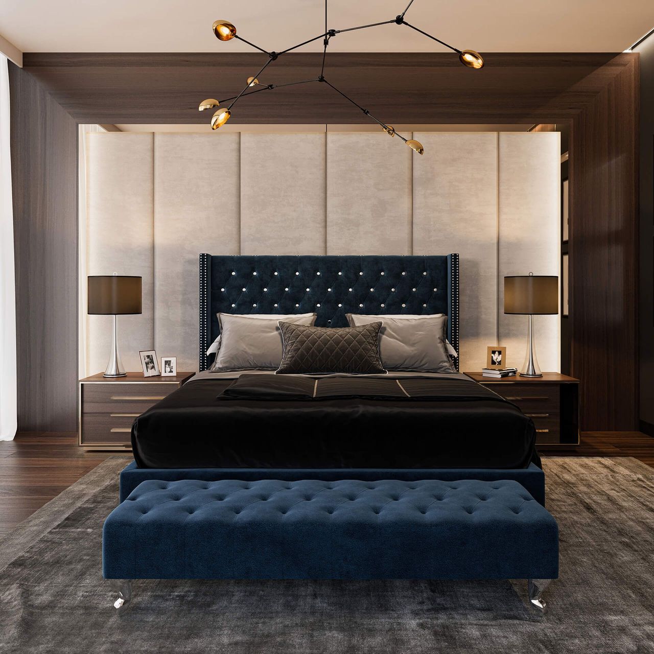 Dark Blue Handcrafted Bed CGI: Front View