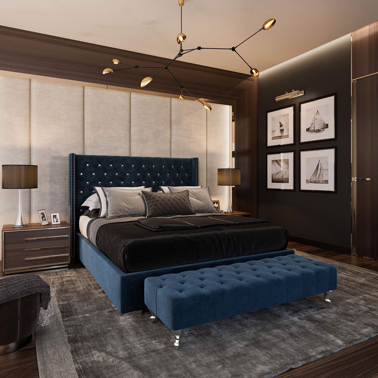 Dark Blue Handcrafted Bed CGI