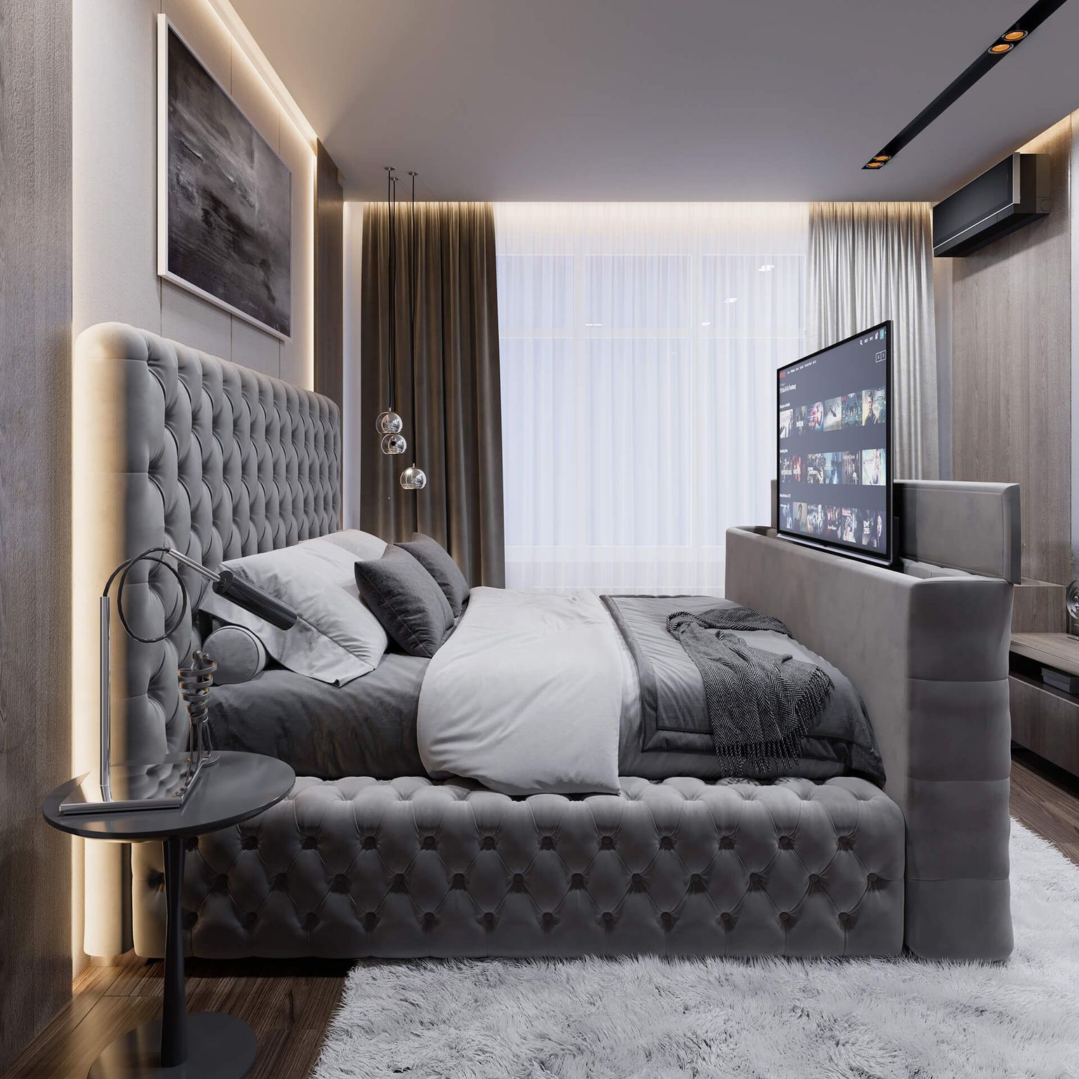 Grey Handcrafted Bed CGI: Sliding TV