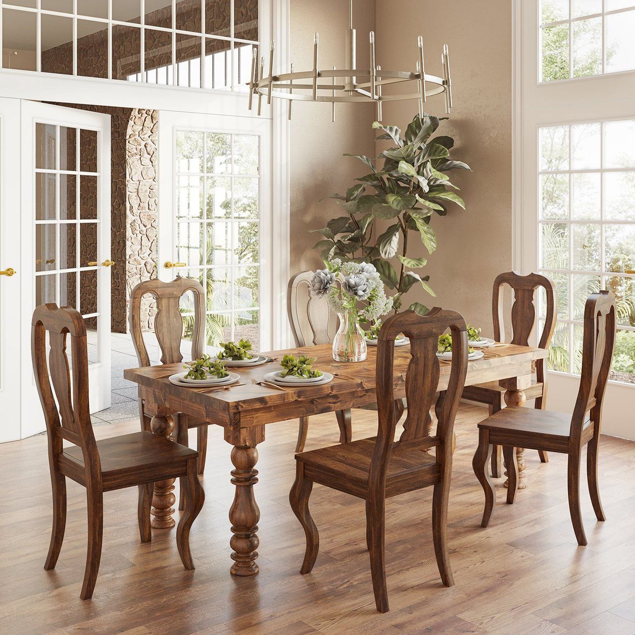 Top-notch 3D rendering of a dining room with wooden furniture, showcasing photorealistic visualization and interior design.