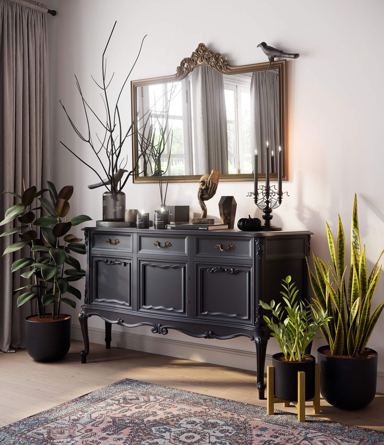 3D rendered image of a classic sideboard with plants and decor, showcasing 3D furniture modeling and interior visualization
