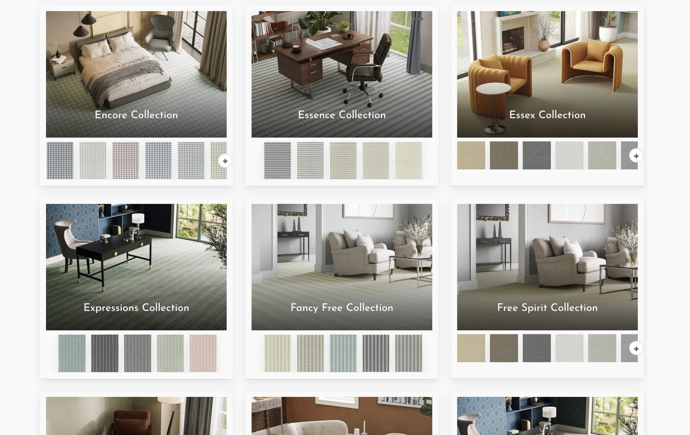 3D furniture modeling and rendering showcasing various interior collections including Encore, Essence, Essex, Expressions, Fancy Free, and Free Spirit. High-quality 3D visualization and photorealistic rendering of modern furniture designs.