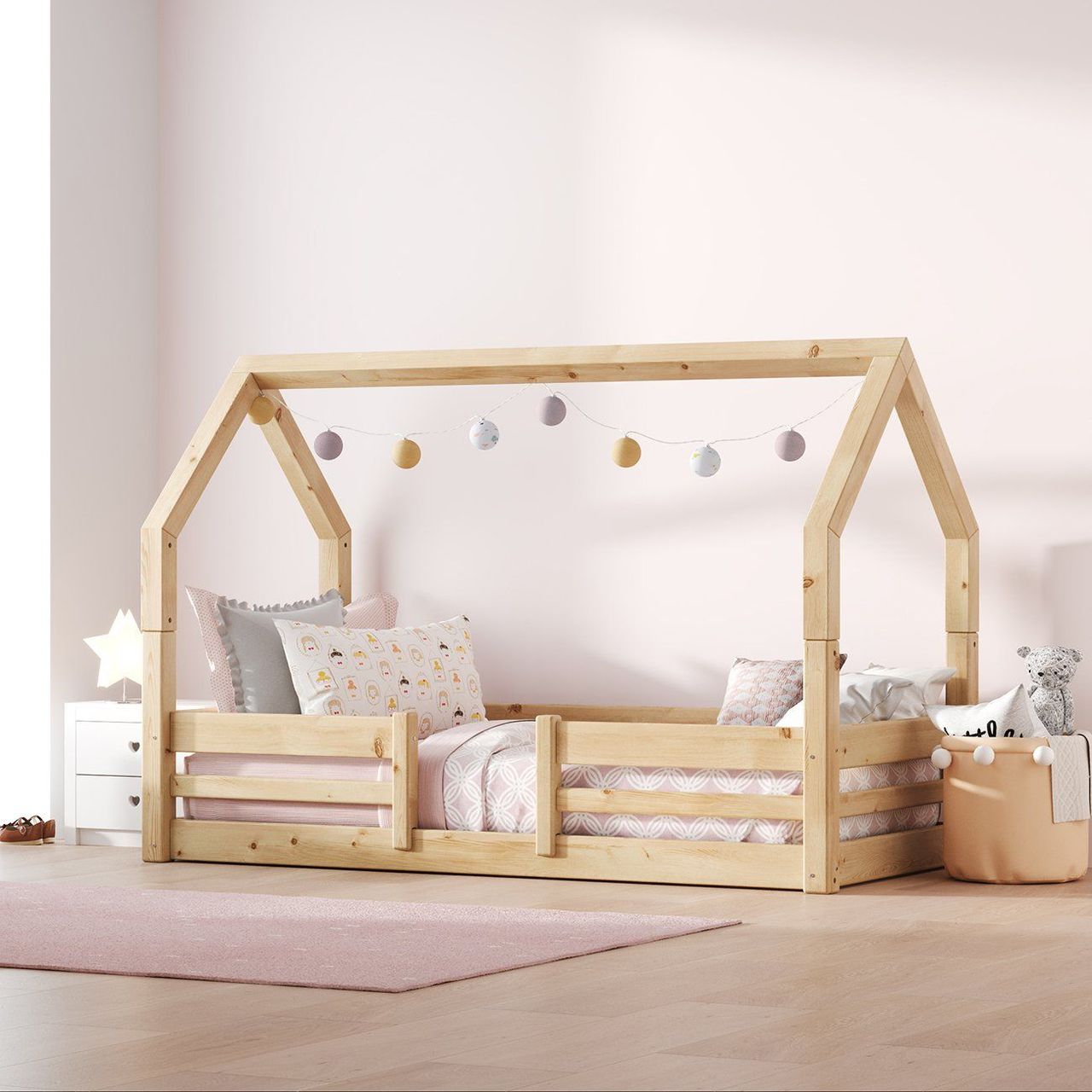 3D rendered image of a wooden children's bed with decorative lights, showcasing photorealistic house fittings rendering and 3D interior visualization.
