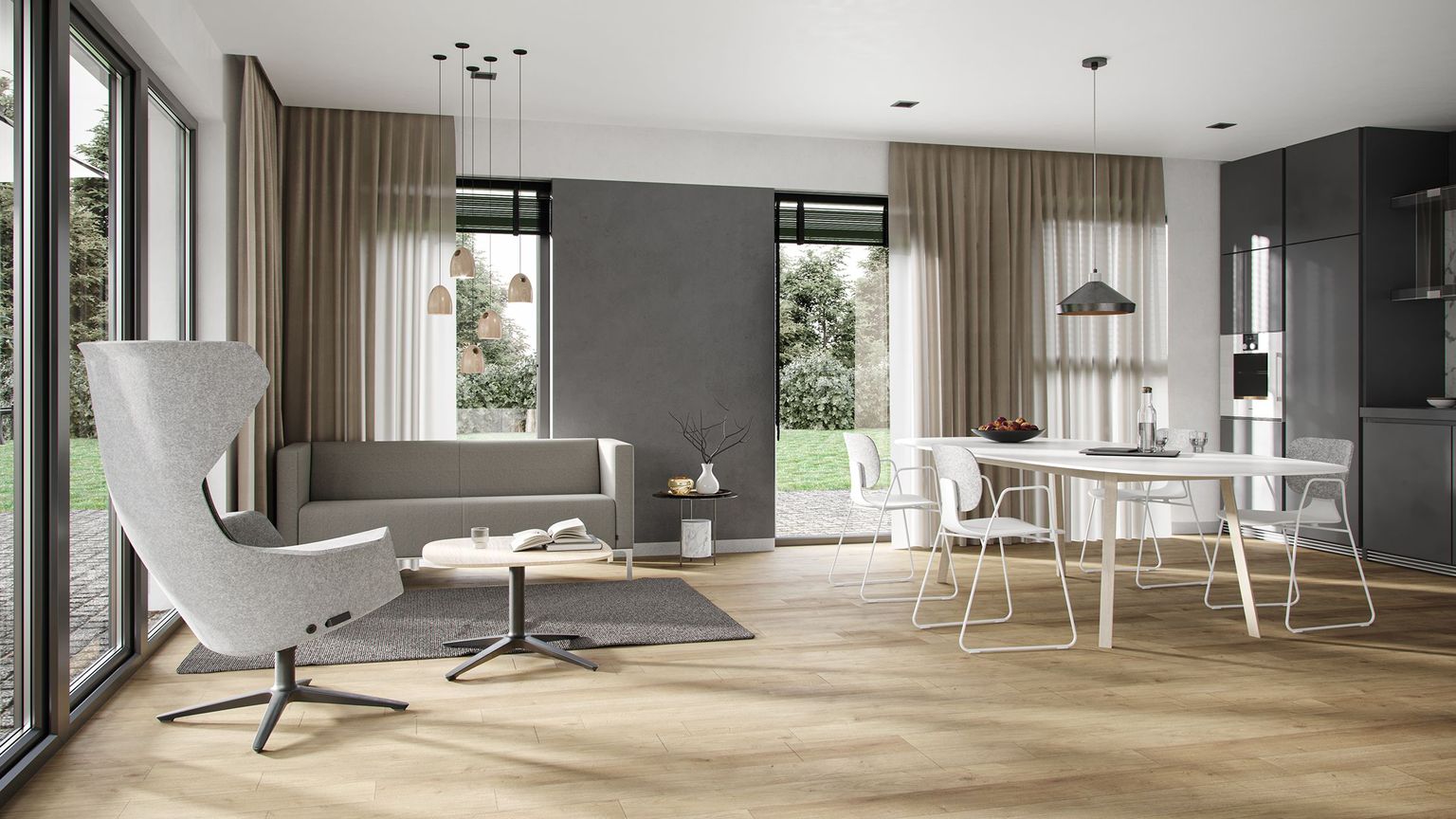 Grey and White Chairs Lifestyle 3D Rendering