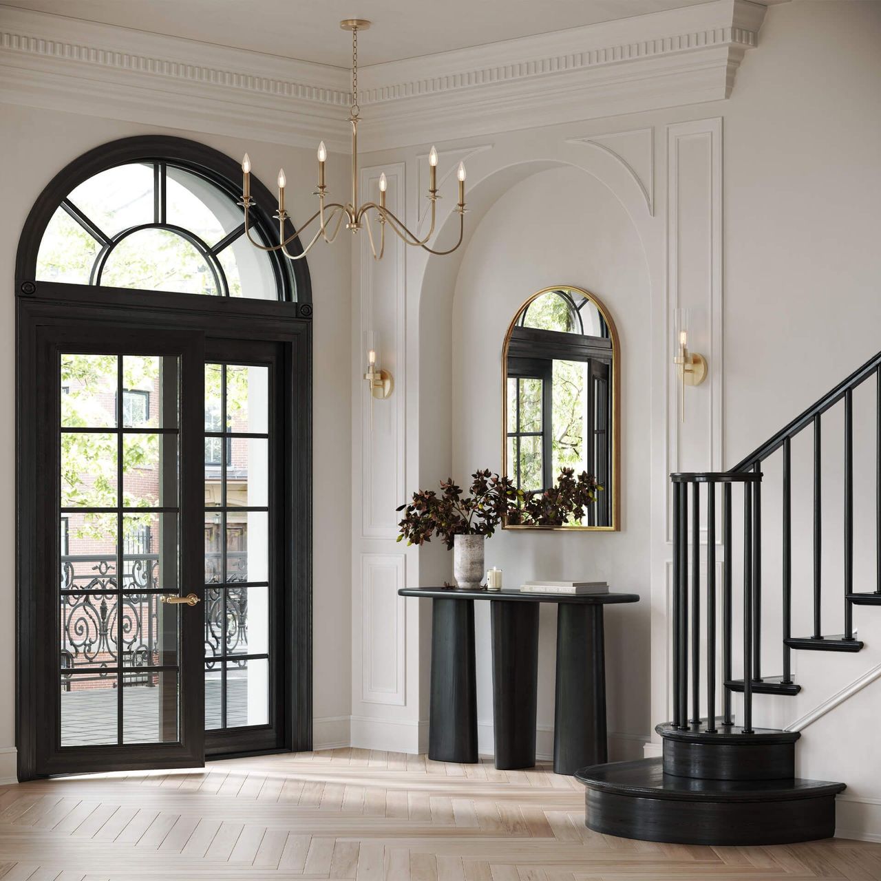 3D rendered image showcasing a modern entryway with elegant furniture, highlighting 3D furniture modeling and rendering techniques.