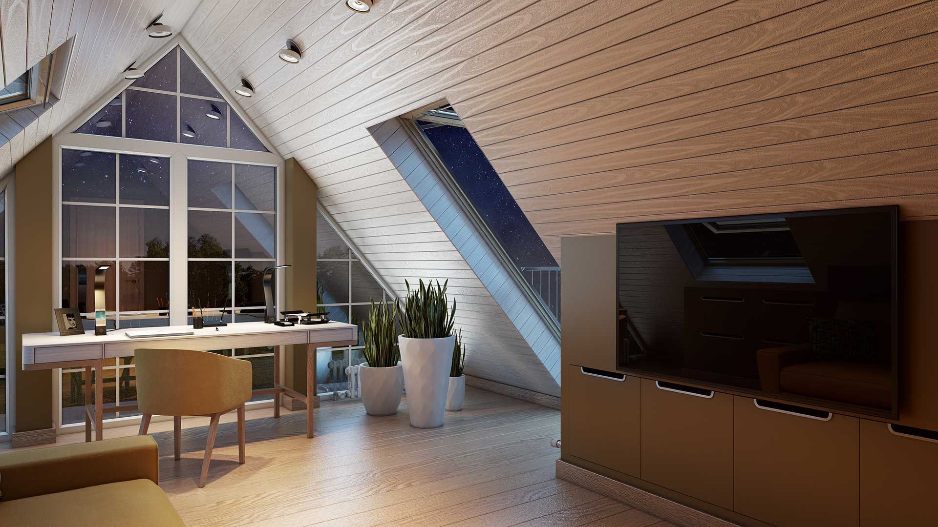 A Lifestyle 3D Picture of an Evening Attic Study