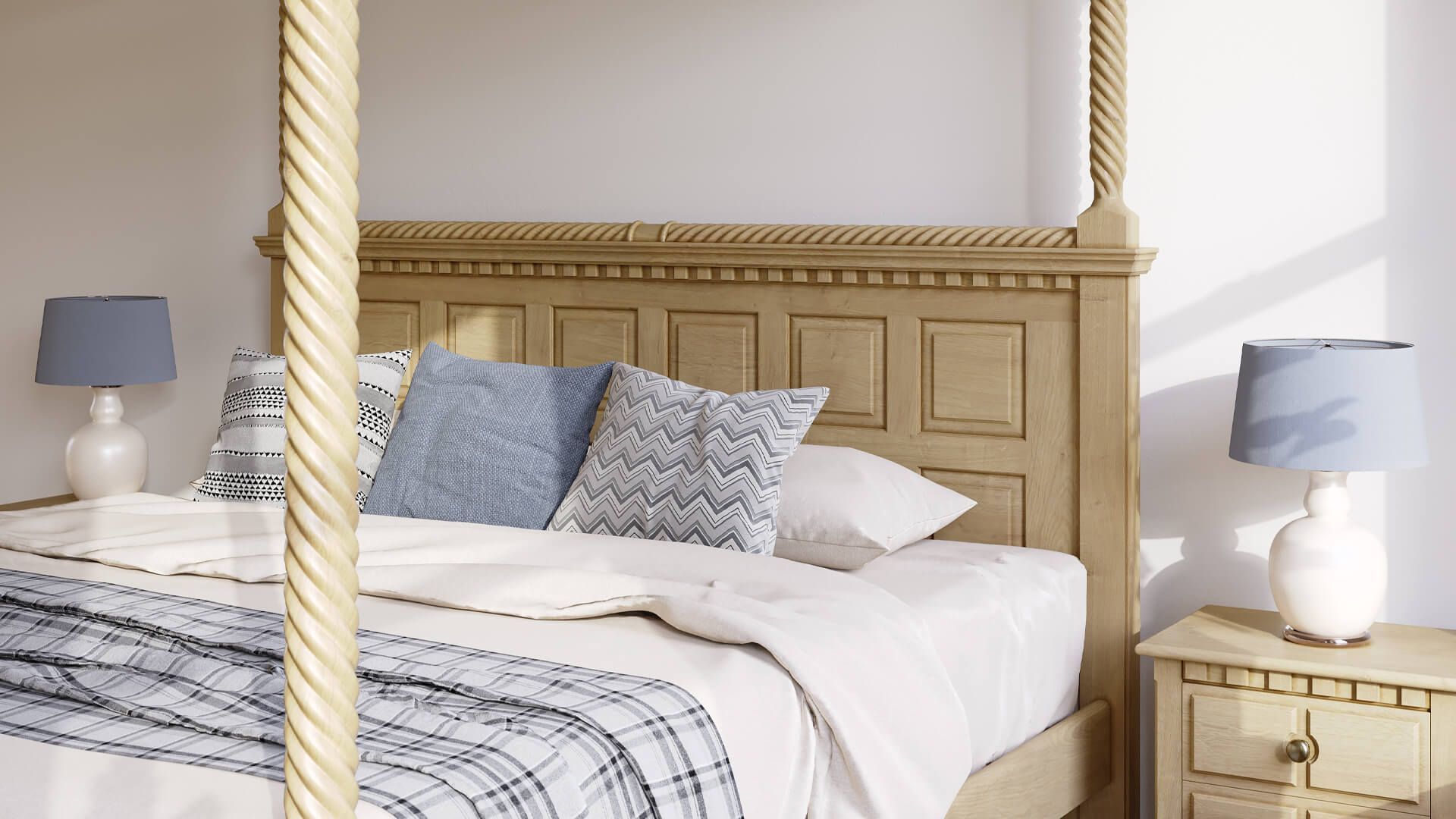 High-quality 3D furniture modeling and rendering showcasing a bedroom interior with wooden bed and lamps