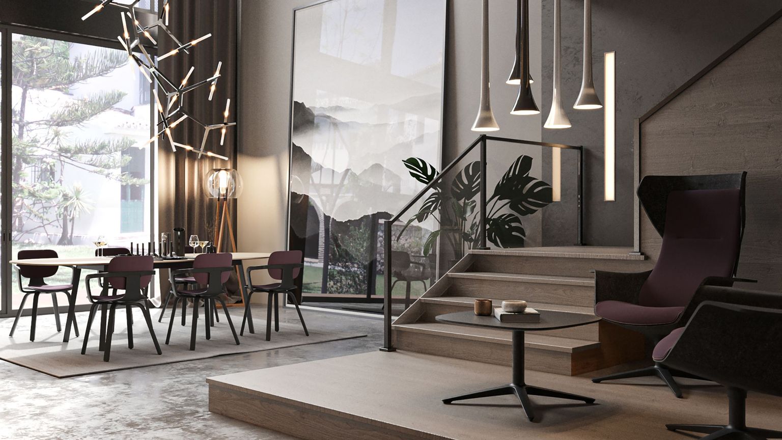 Burgundy Chairs Lifestyle 3D Rendering