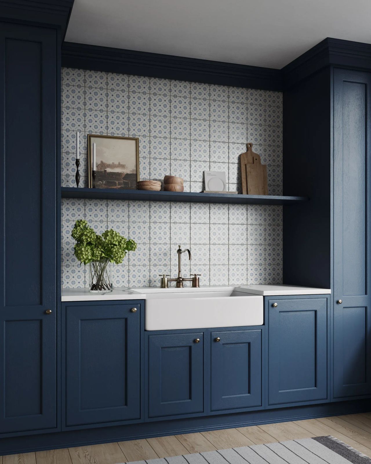 3D Rendering of patterned backsplash tile in a navy-blue kitchen with farmhouse sink