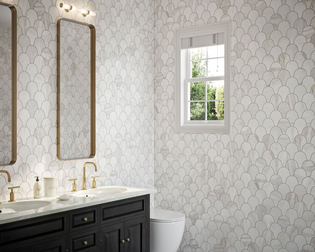 Rendering of a bathroom with scalloped fan-pattern wall tile and a small window letting in daylight