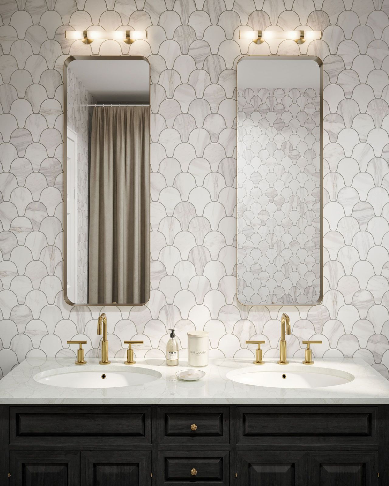 Photorealistic 3D rendering of fan-pattern tile in a marble look behind a double vanity with brass fixtures