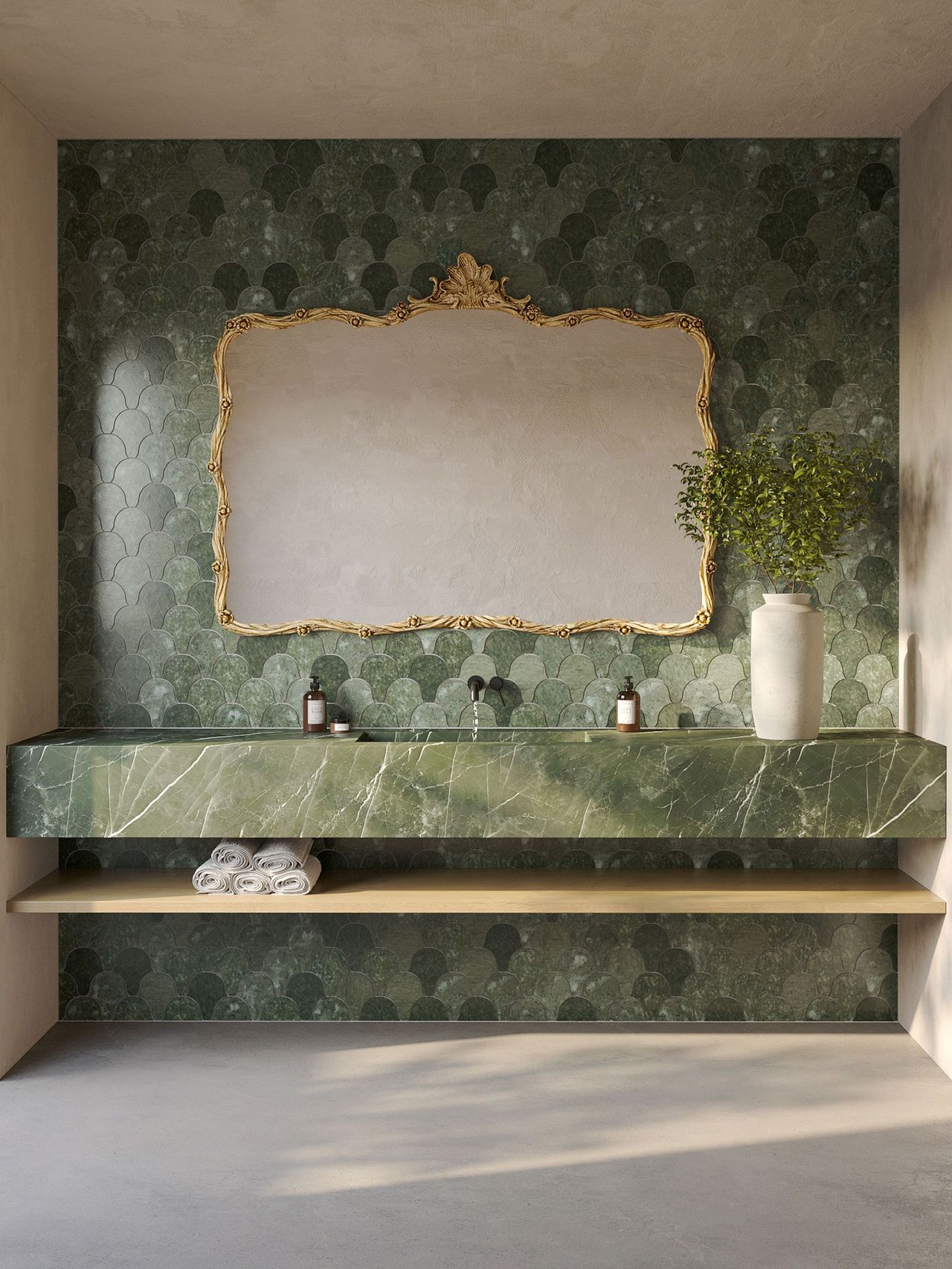 Luxurious 3D rendering showing a green fan tile bathroom wall with matching stone sink and gold mirror
