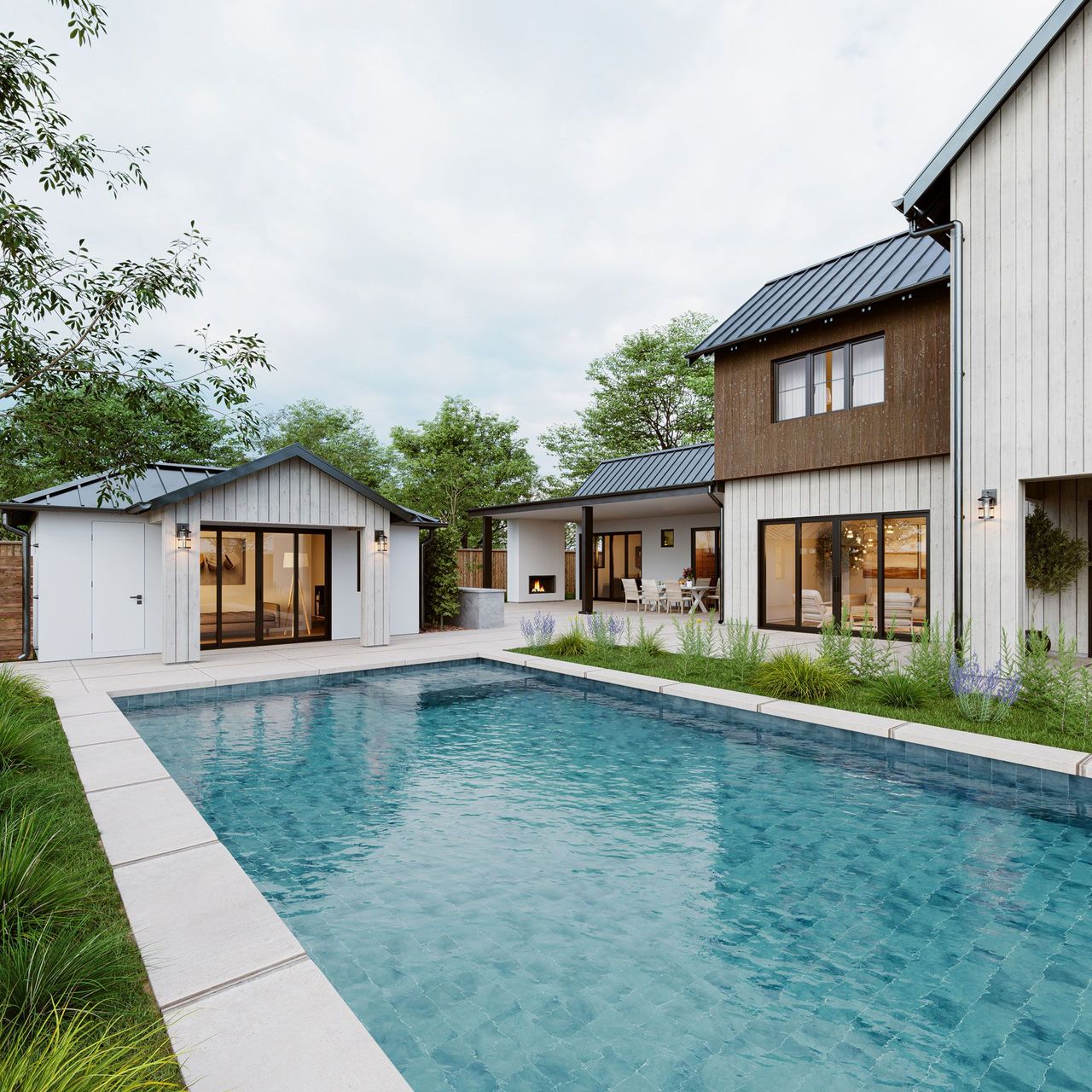 Product rendering showing a contemporary backyard with detailed blue tilework in the swimming pool