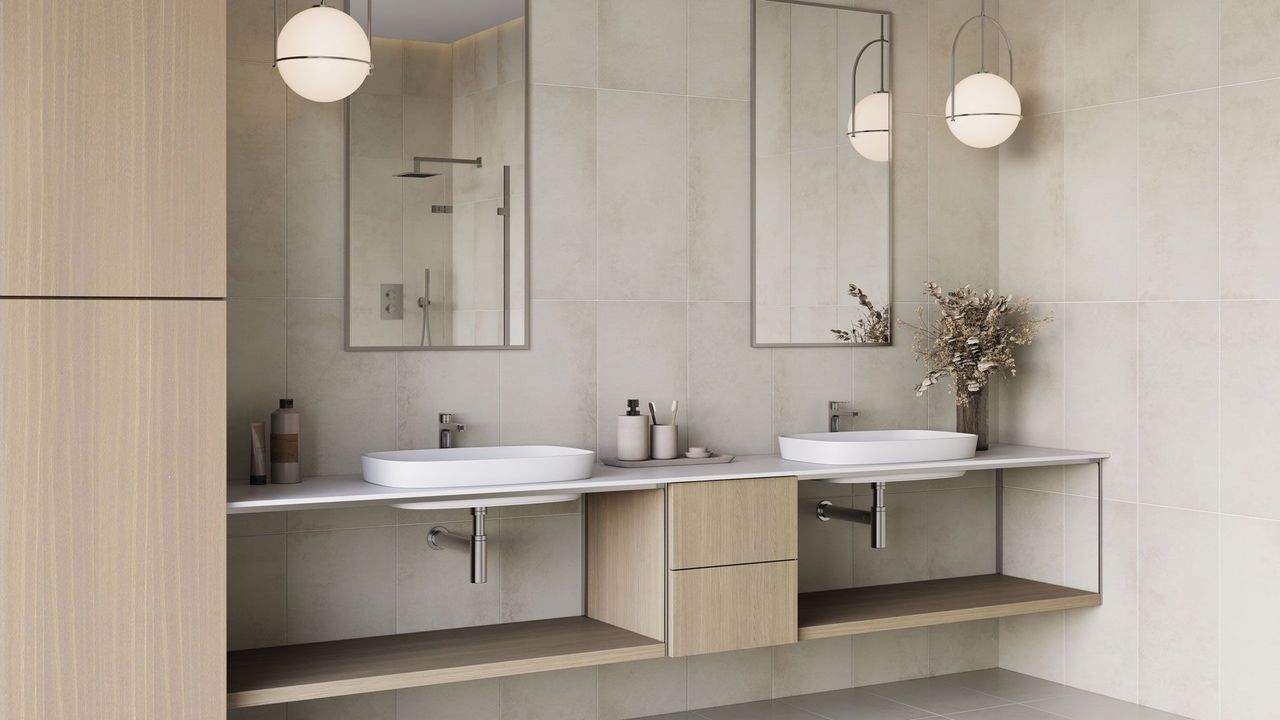 Photorealistic product rendering of neutral wall tiles in a minimal double vanity bathroom with modern lighting