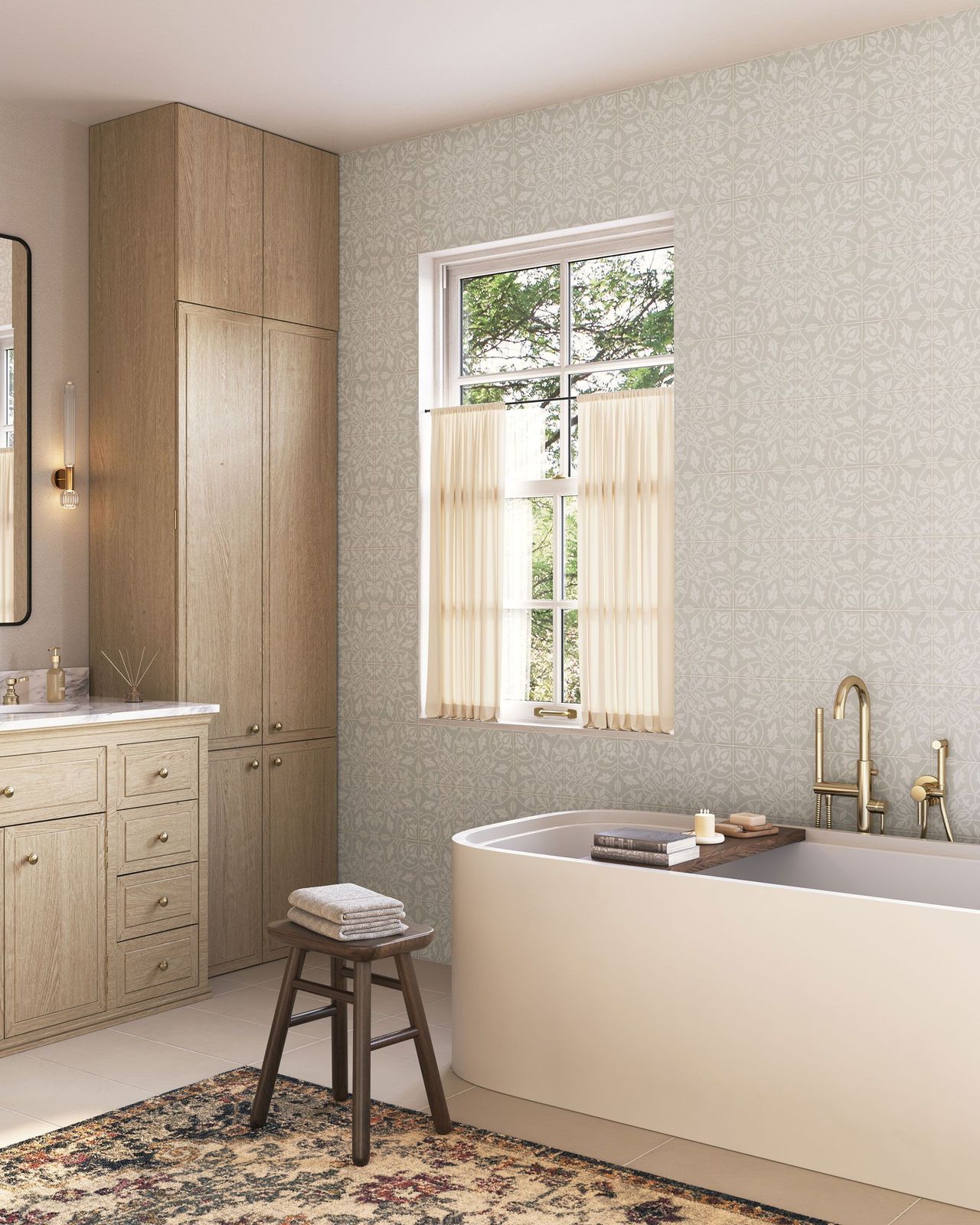 3D Rendering of patterned wall tile in a beige bathroom with natural light and wood cabinetry