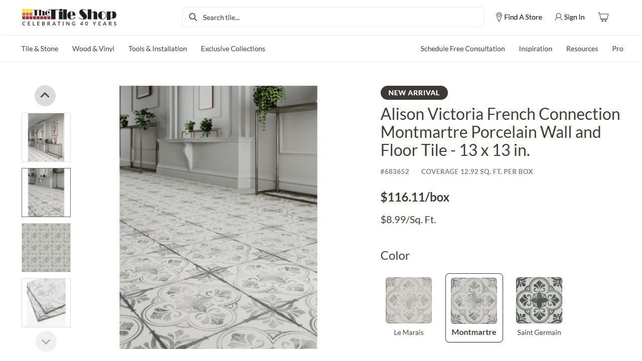3D Visualization for tiles featuring decorative gray and white patterned porcelain floor tiles in a hallway