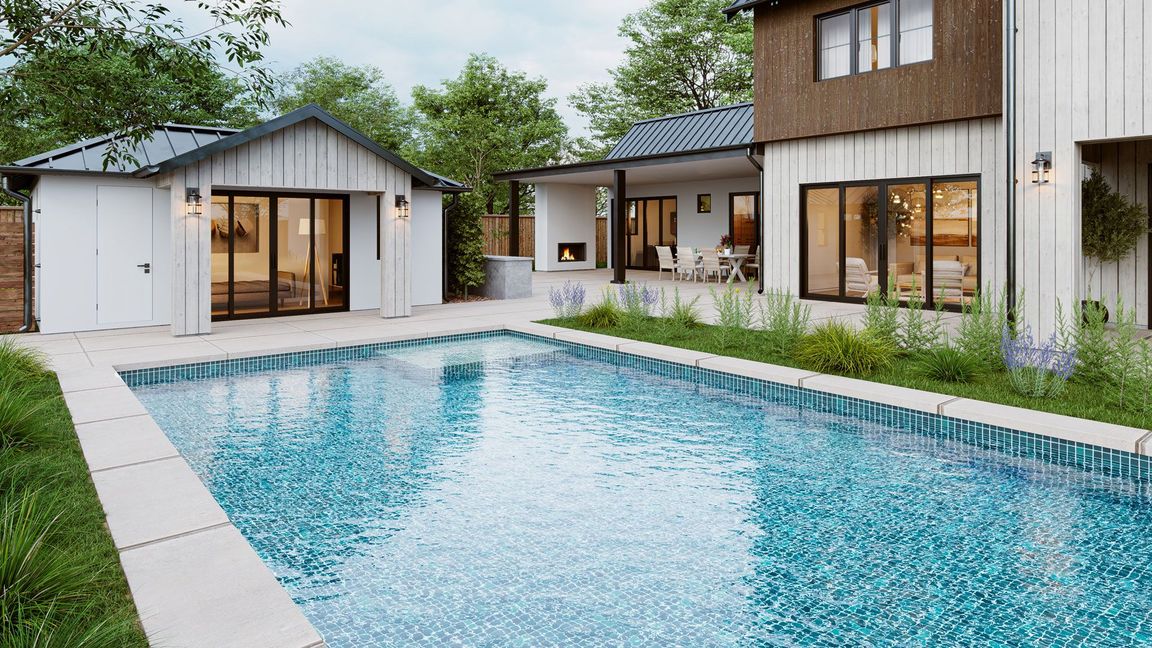 3D visualization of a modern house exterior with a swimming pool lined in blue tile