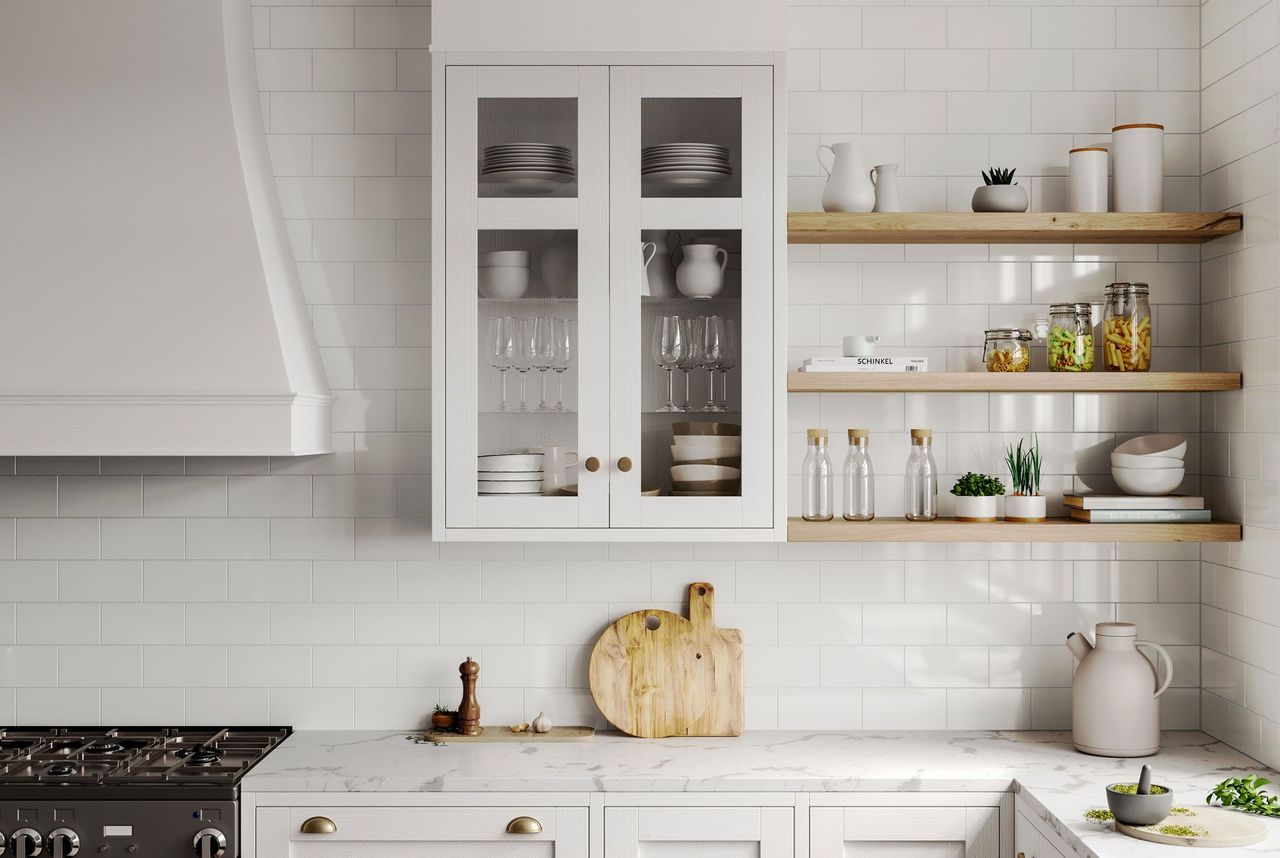 Close-up 3D visualization for tiles showing warm taupe vertical tiles with slight sheen and handmade texture