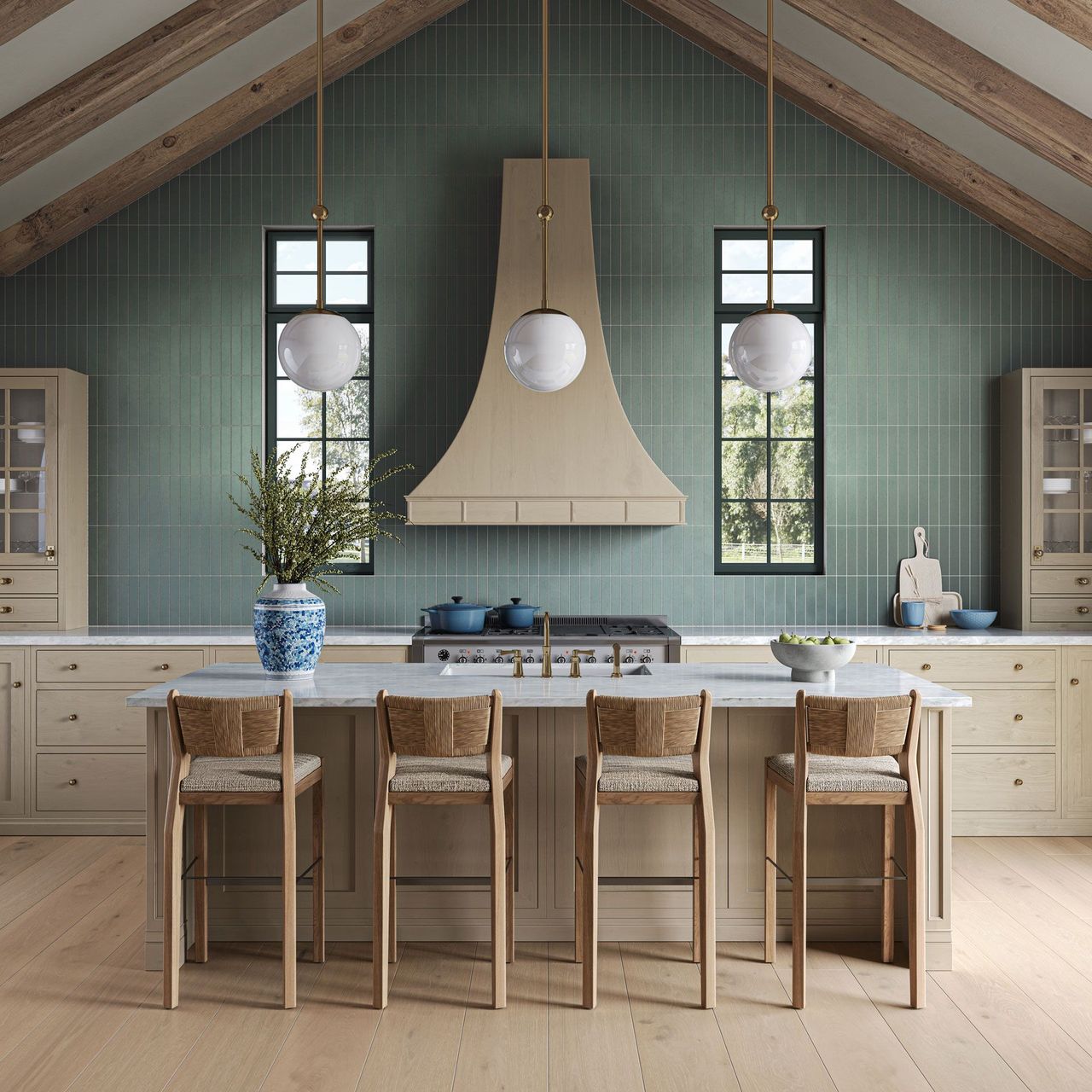 Photorealistic product rendering of vertical green tile in a vaulted kitchen with light wood finishes and pendant lights