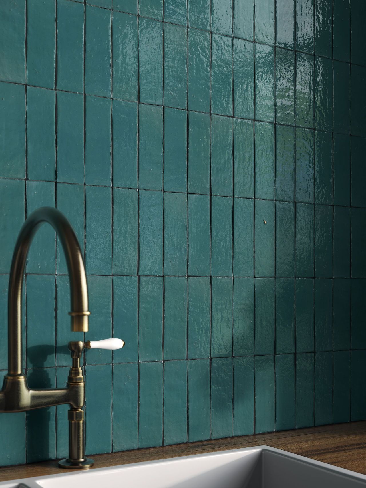 Close-up product rendering of turquoise backsplash tiles with subtle texture and handmade finish