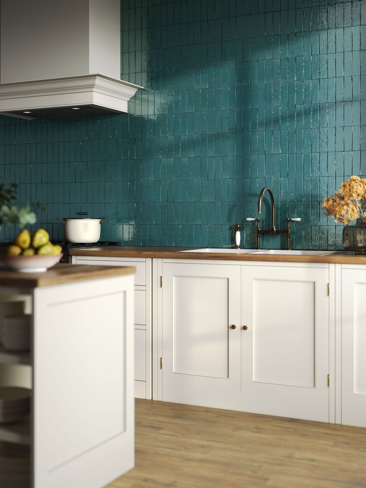 3D Rendering of turquoise tile used as a backsplash in a kitchen interior