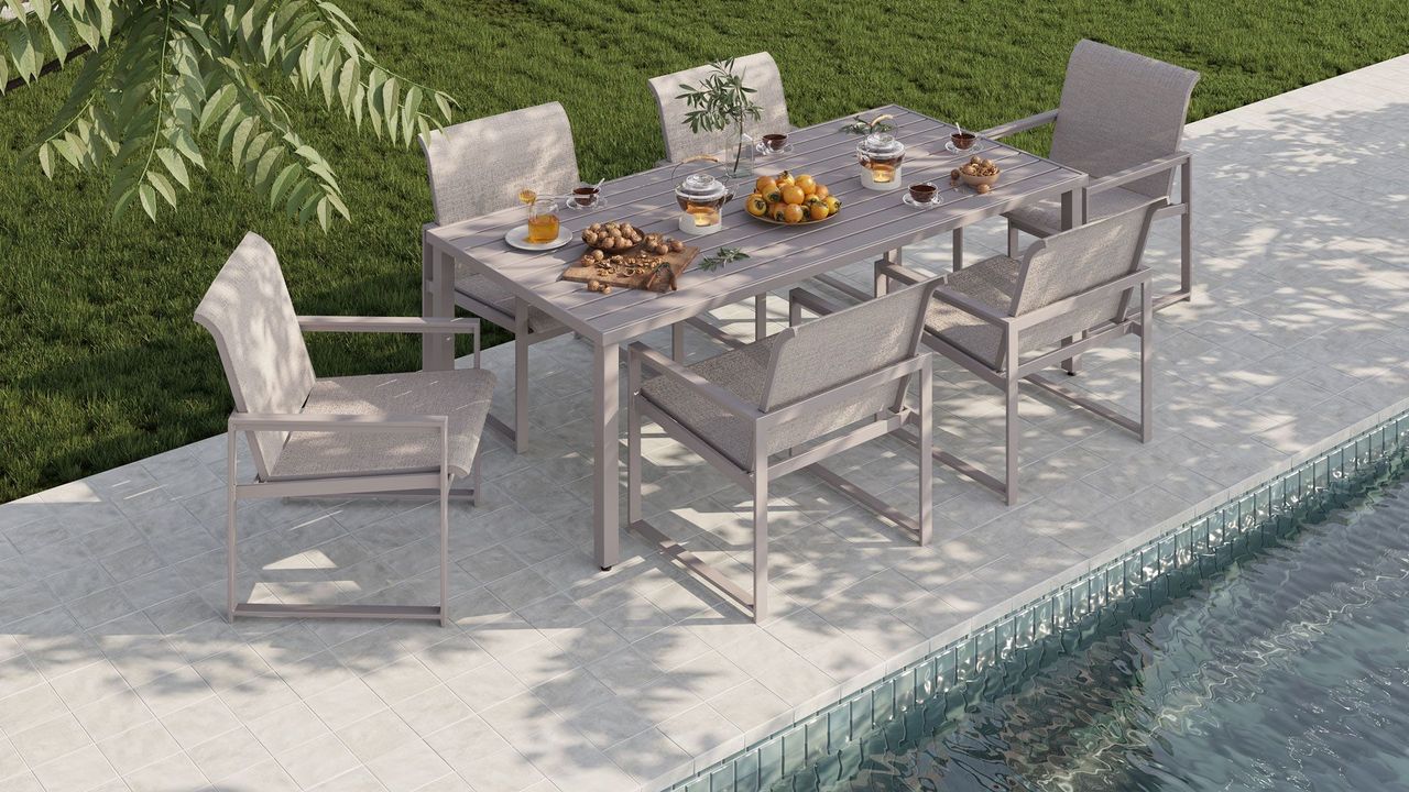 Product rendering showing a full dining table arrangement on pale grey ceramic poolside tiles