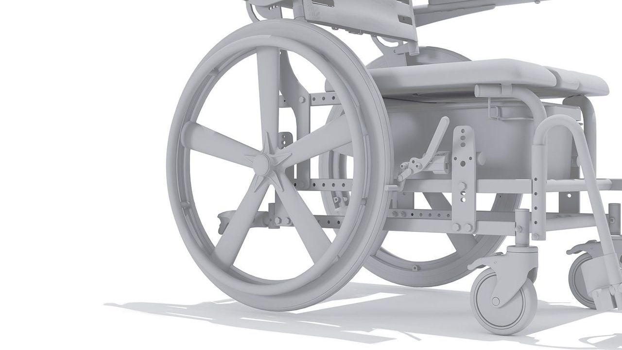Photoreal 3D rendered image of a wheelchair showcasing detailed product modeling and visualization