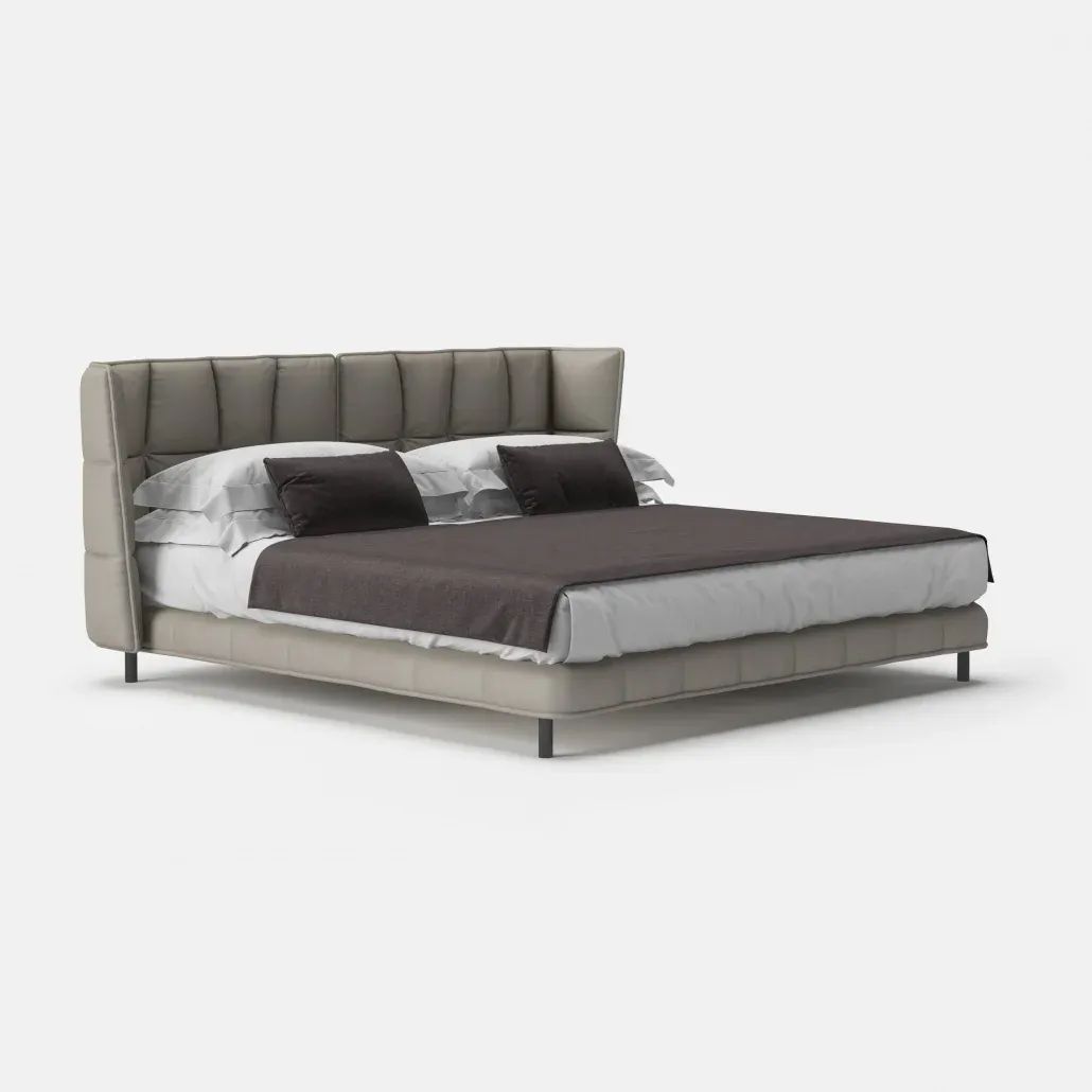 Silo rendering of a modern wooden bed with headboard on white background