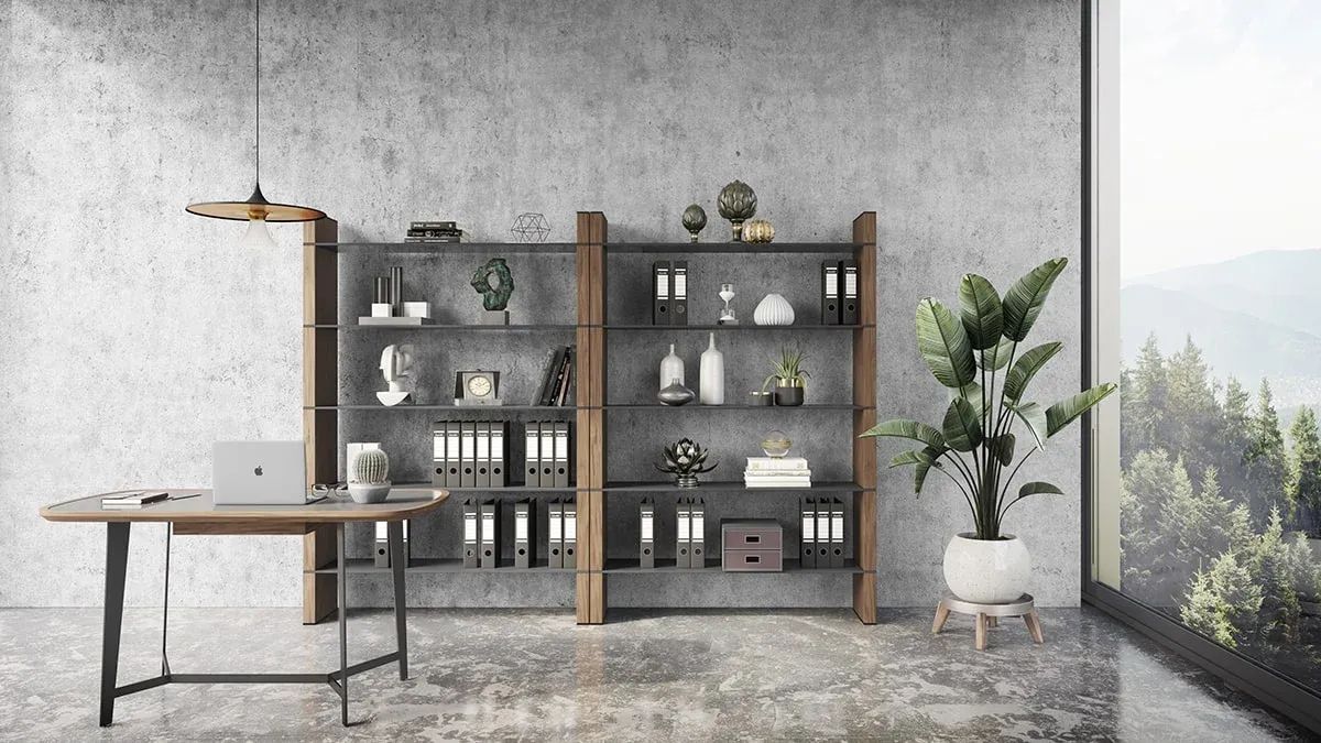 3D Render for office space with large open bookshelf, wooden desk, pendant lamp, and potted plant by tall windows