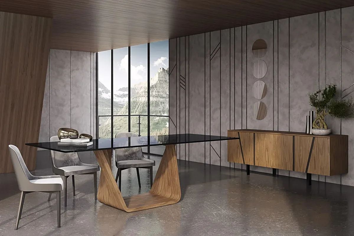 3D Visualization for a dining room with modern glass-top table, wooden sideboard, and panoramic mountain views