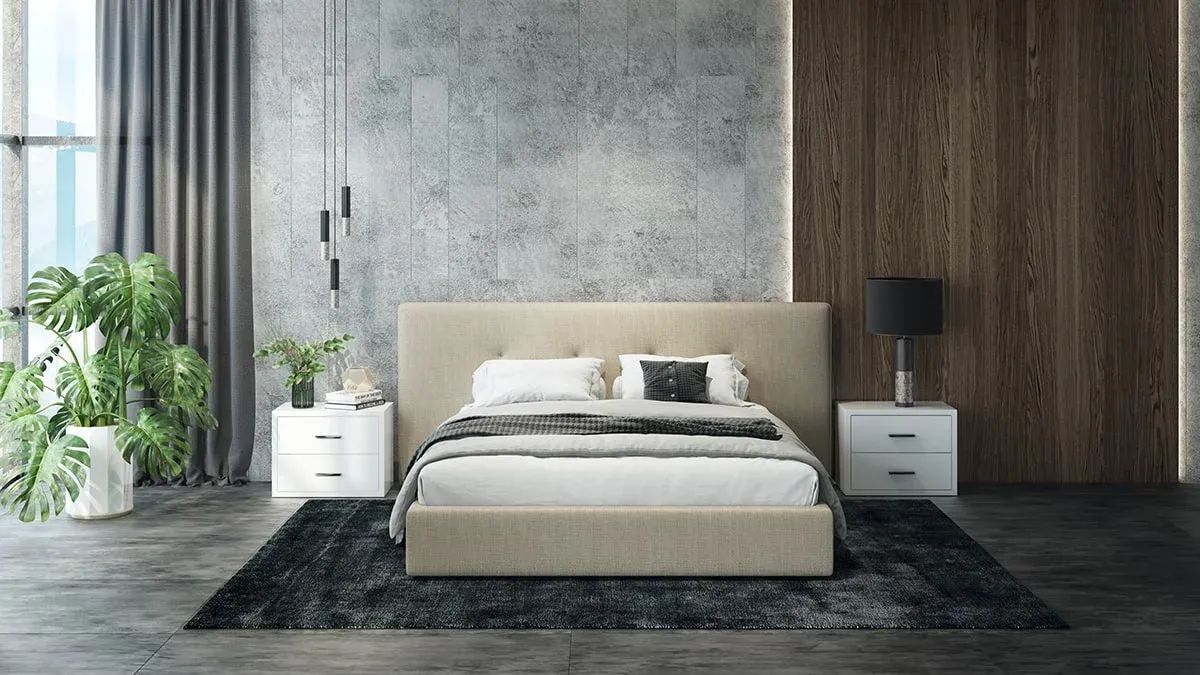 3D Rendering for bedroom with a beige upholstered bed, gray area rug, nightstands, and hanging lights
