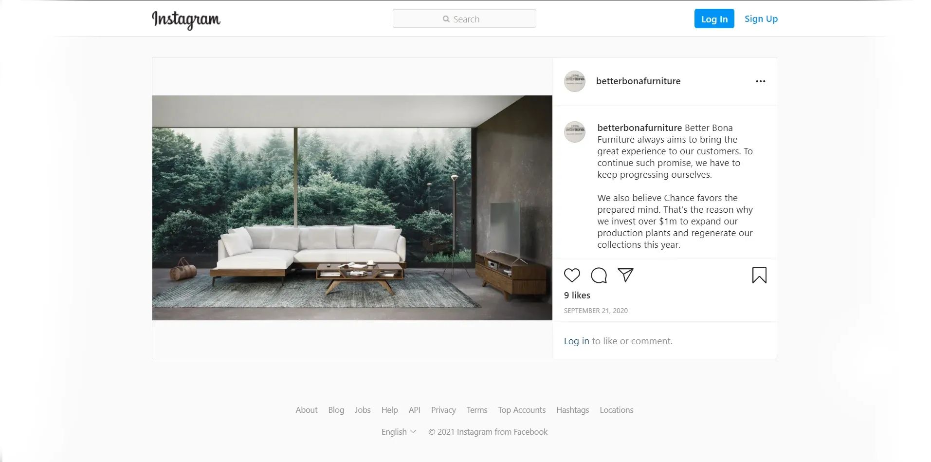 3D visualization of living room furniture shown on Better Bona Instagram post
