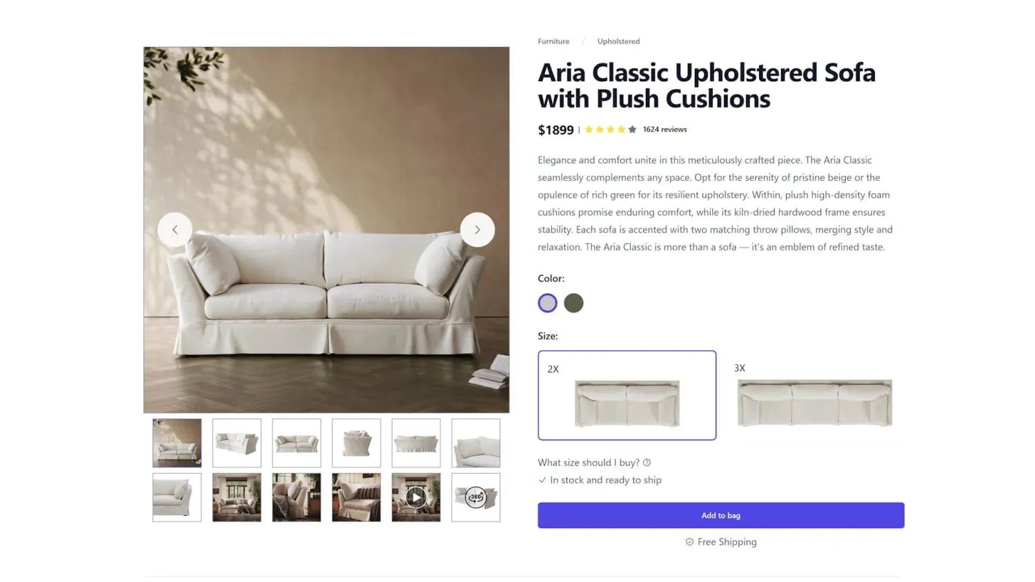 Product Detail Page Example for a Sofa