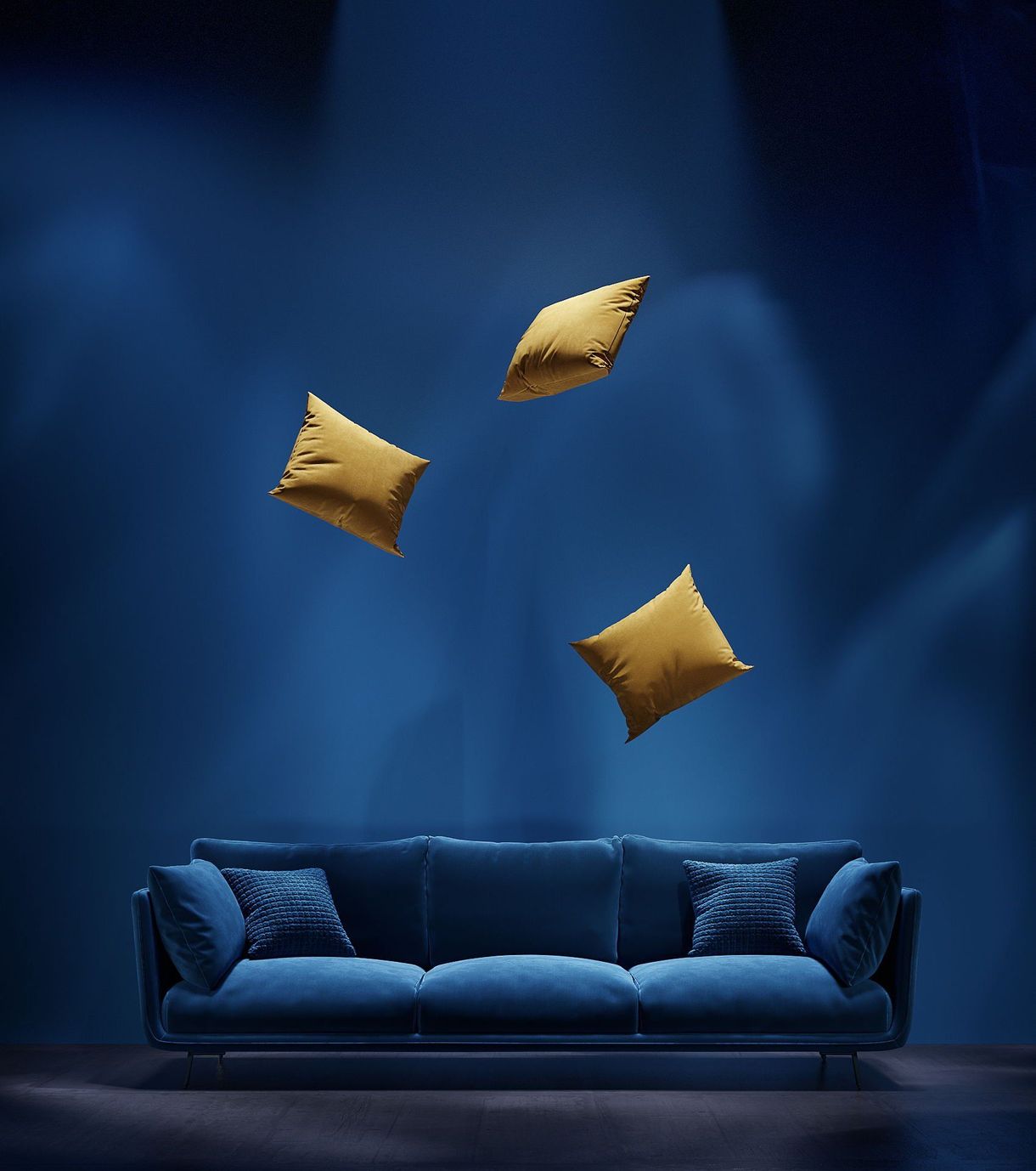 Photorealistic 3D rendering of a stylish blue sofa with floating pillows, showcasing first-class product visualization and interior design.